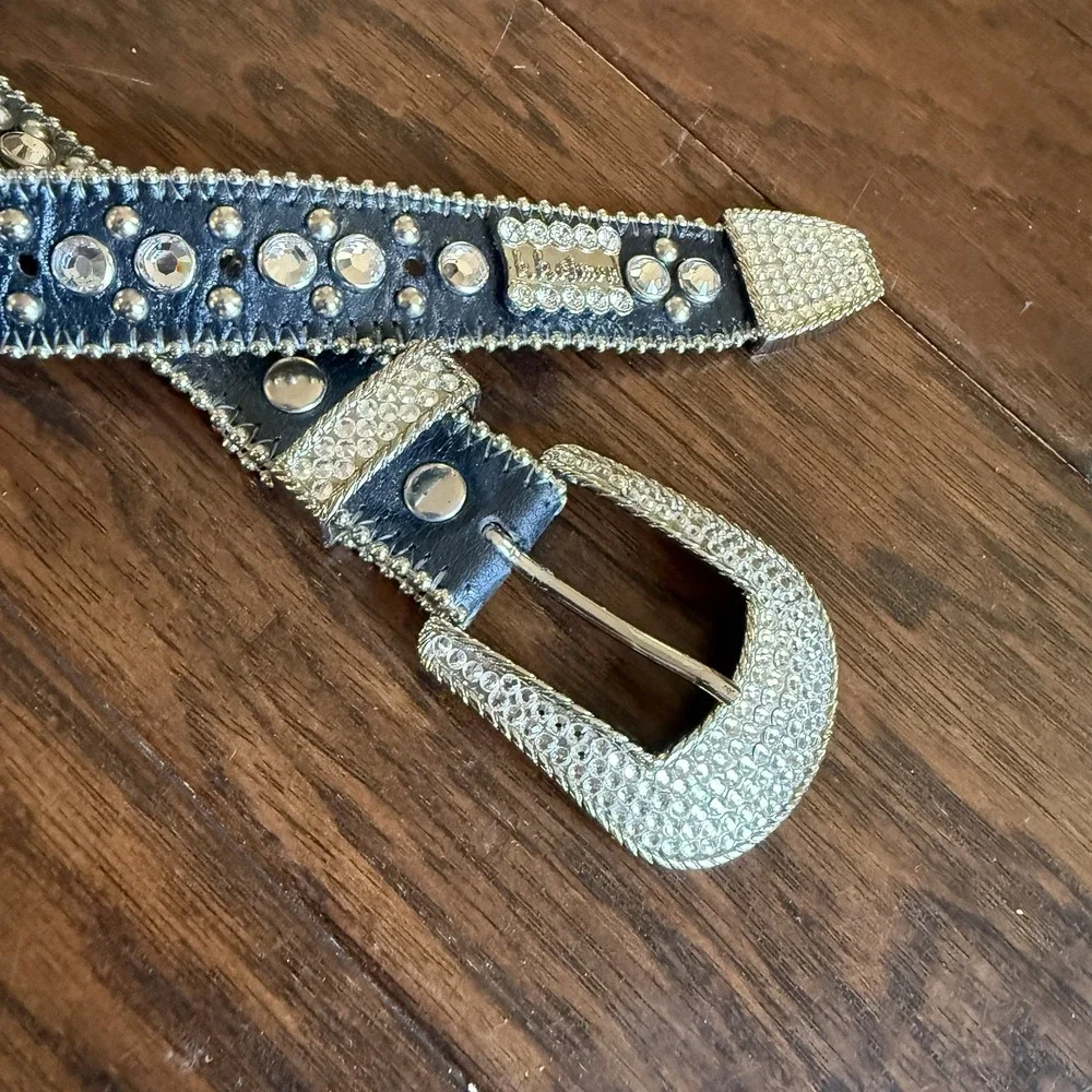 B B Simon Clear Rhinestone Belt Womens XL 3031A65 Black Western Bling Rodeo